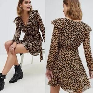 Free People Brown and Black Frenchie Ruffled Cheetah Leopard Mini Wrap Dress
